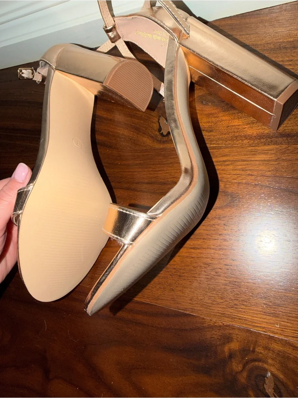 Rose Gold Block Heel Sandals with Ankle Strap